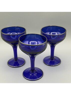 Vintage Cobalt Blue Glass Stemware Set Of 3 Silver Striped Small